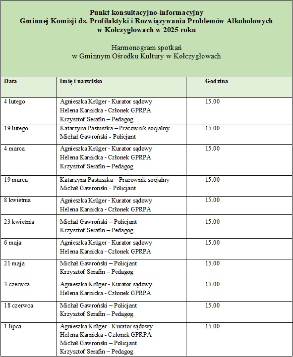 Harmonogram spotkań w punkcie konsultacyjno informacyjnego